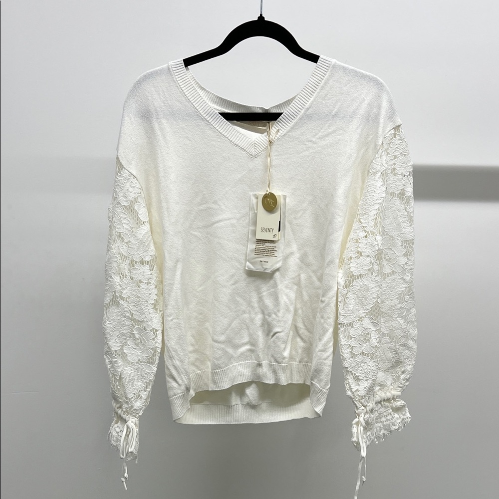 Seventy White V-Neck Sweater with Lace Sleeves